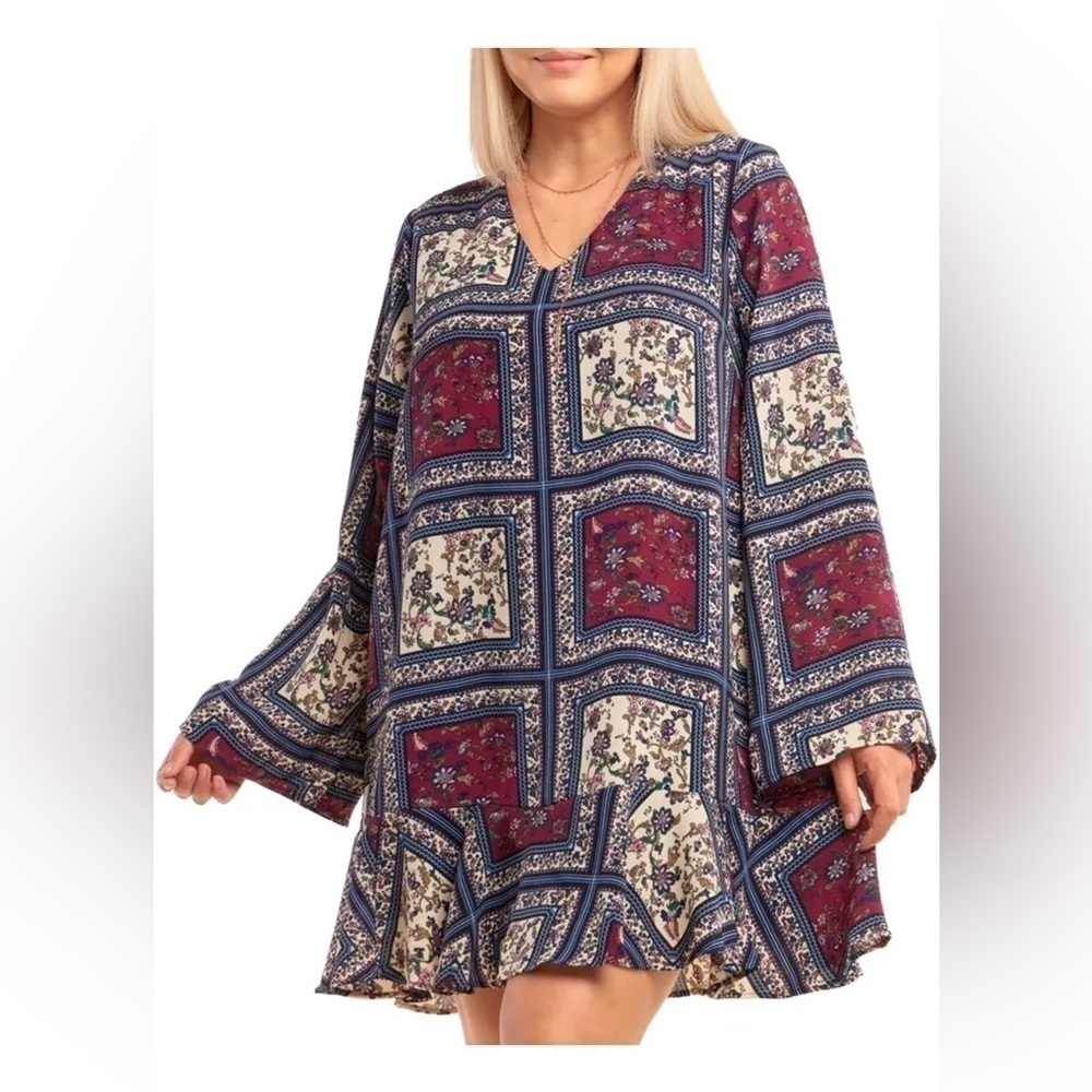 Lulu's Burgundy, Cream & Navy Patchwork Floral Ruffle-Hem Mini Dress - Picture 3 of 12